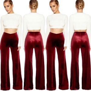 High waist Burgundy Velvet Wideleg Pants